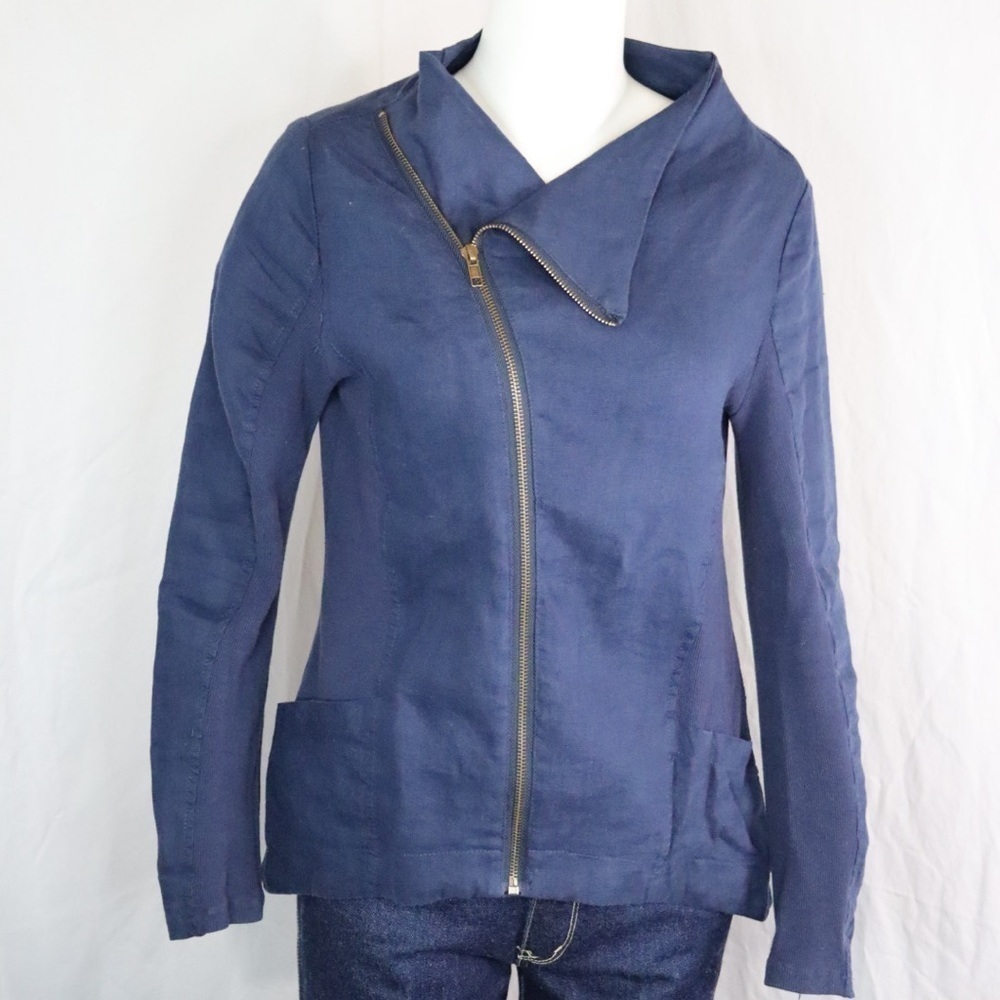 AMARYLLIS 100% Linen Biker Jacket | Navy Blue Linen Moto Jacket